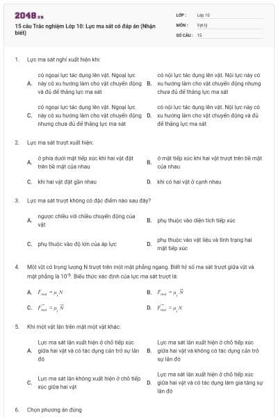 15 câu Trắc nghiệm Lớp 10: Lực ma sát có đáp án (Nhận biết)
