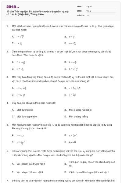 10 câu Trắc nghiệm Bài toán về chuyển động ném ngang có đáp án (Nhận biết, Thông hiểu)