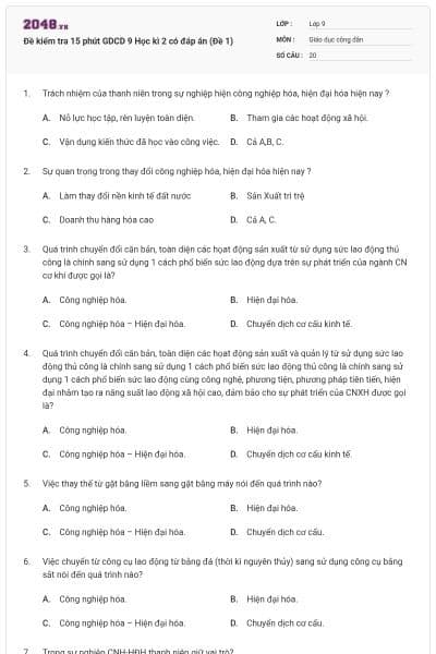 Đề kiểm tra 15 phút GDCD 9 Học kì 2 có đáp án (Đề 1)