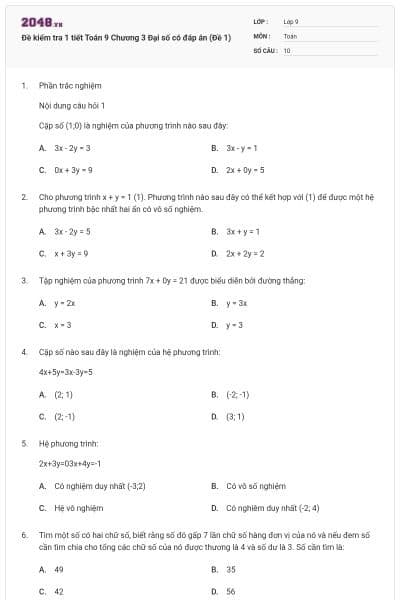 Đề kiểm tra 1 tiết Toán 9 Chương 3 Đại số có đáp án (Đề 1)