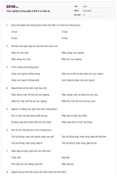 Trắc nghiệm Công nghệ 6 Bài 2 có đáp án