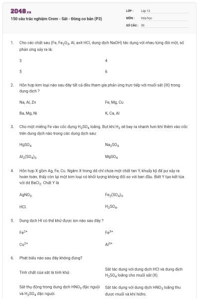 150 câu trắc nghiệm Crom - Sắt - Đồng cơ bản (P3)