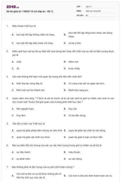 Đề thi giữa kì 1 GDCD 10 (có đáp án - Đề 1)