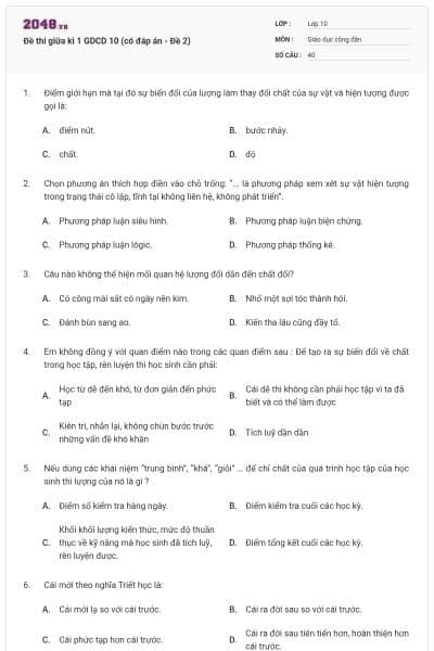 Đề thi giữa kì 1 GDCD 10 (có đáp án - Đề 2)