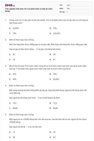 Trắc nghiệm Giải toán về tỉ số phần trăm có đáp án (Vận dụng)