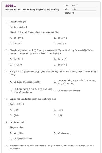 Đề kiểm tra 1 tiết Toán 9 Chương 3 Đại số có đáp án (Đề 2)