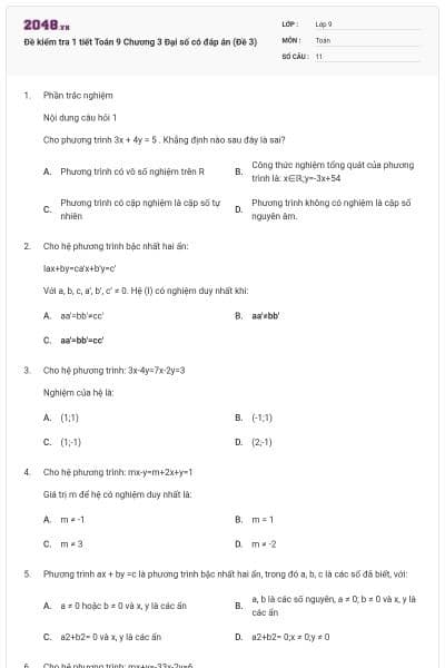 Đề kiểm tra 1 tiết Toán 9 Chương 3 Đại số có đáp án (Đề 3)