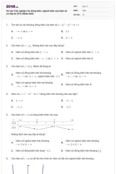 30 câu Trắc nghiệm Sự đồng biến, nghịch biến của hàm số có đáp án (P2) (Nhận biết)