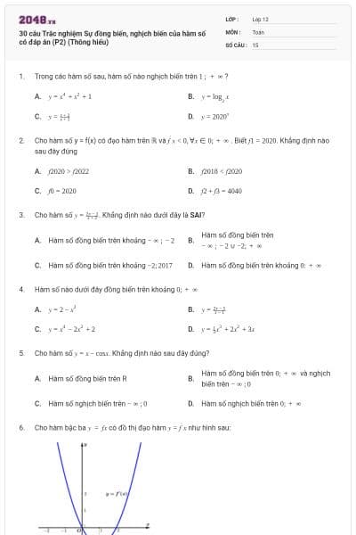 30 câu Trắc nghiệm Sự đồng biến, nghịch biến của hàm số có đáp án (P2) (Thông hiểu)