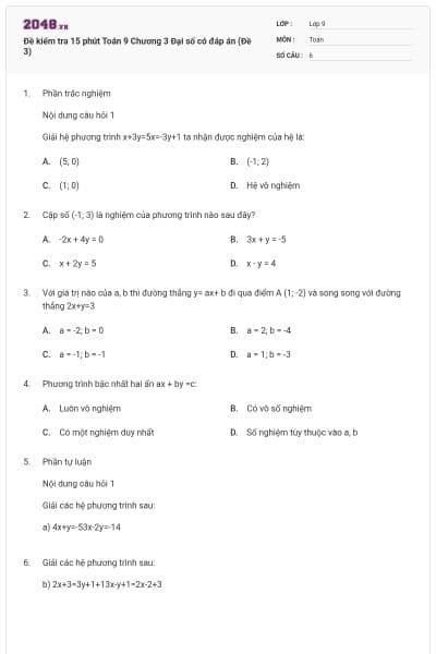 Đề kiểm tra 15 phút Toán 9 Chương 3 Đại số có đáp án (Đề 3)