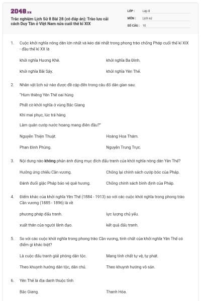 Trắc nghiệm Lịch Sử 8 Bài 28 (có đáp án): Trào lưu cải cách Duy Tân ở Việt Nam nửa cuối thế kỉ XIX