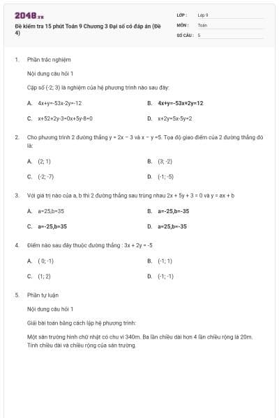 Đề kiểm tra 15 phút Toán 9 Chương 3 Đại số có đáp án (Đề 4)