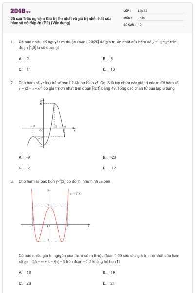 25 câu Trắc nghiệm Giá trị lớn nhất và giá trị nhỏ nhất của hàm số có đáp án (P2) (Vận dụng)