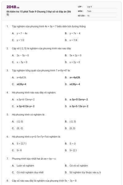Đề kiểm tra 15 phút Toán 9 Chương 3 Đại số có đáp án (Đề 5)