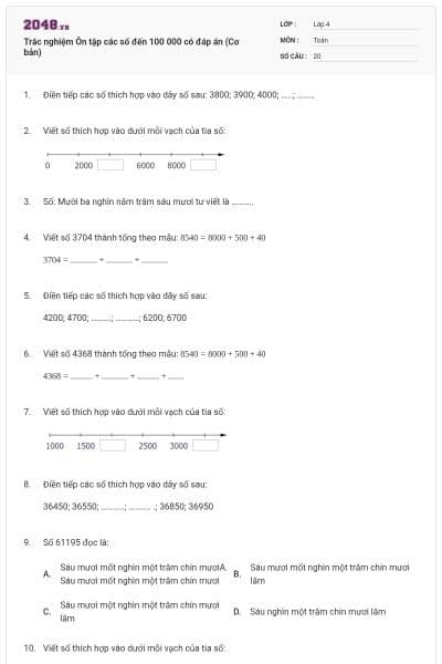 Trắc nghiệm Ôn tập các số đến 100 000 có đáp án (Cơ bản)