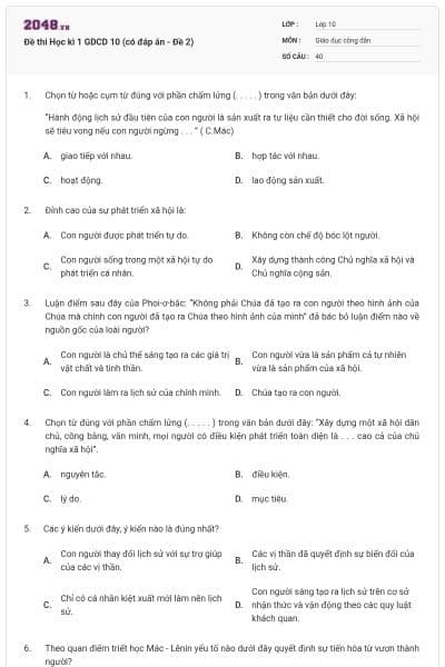 Đề thi Học kì 1 GDCD 10 (có đáp án - Đề 2)