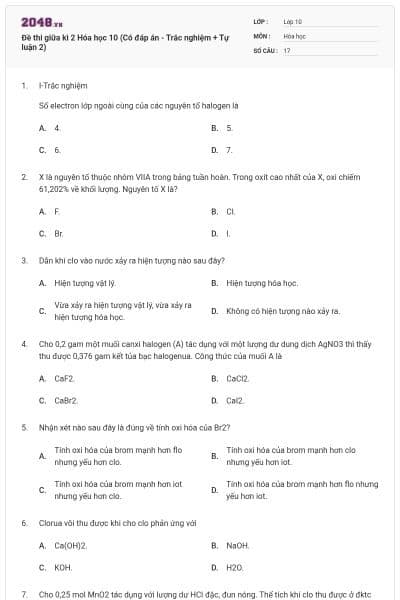 Đề thi giữa kì 2 Hóa học 10 (Có đáp án - Trắc nghiệm + Tự luận 2)