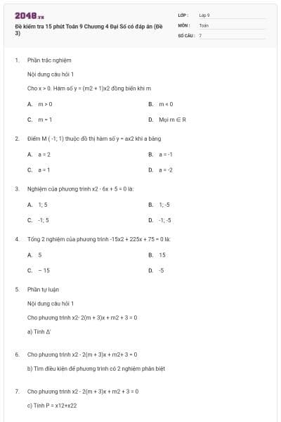 Đề kiểm tra 15 phút Toán 9 Chương 4 Đại Số có đáp án (Đề 3)