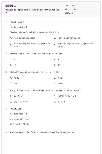 Đề kiểm tra 15 phút Toán 9 Chương 4 Đại Số có đáp án (Đề 4)