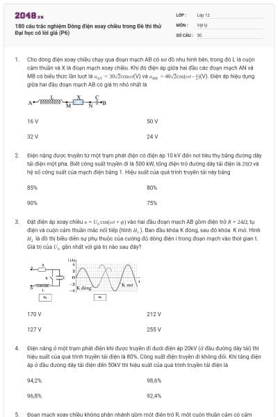 180 câu trắc nghiệm Dòng điện xoay chiều trong Đề thi thử Đại học có lời giả (P6)