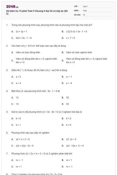 Đề kiểm tra 15 phút Toán 9 Chương 4 Đại Số có đáp án (Đề 5)