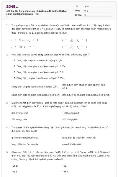 400 Bài tập Dòng điện xoay chiều trong đề thi thử Đại học có lời giải (không chuyên - P8)