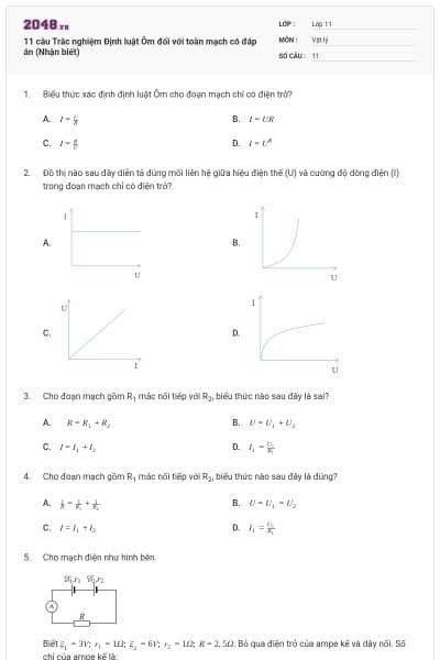 11 câu Trắc nghiệm Định luật Ôm đối với toàn mạch có đáp án (Nhận biết)