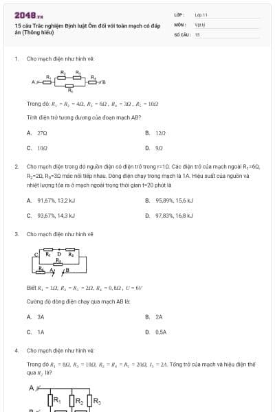 15 câu Trắc nghiệm Định luật Ôm đối với toàn mạch có đáp án (Thông hiểu)
