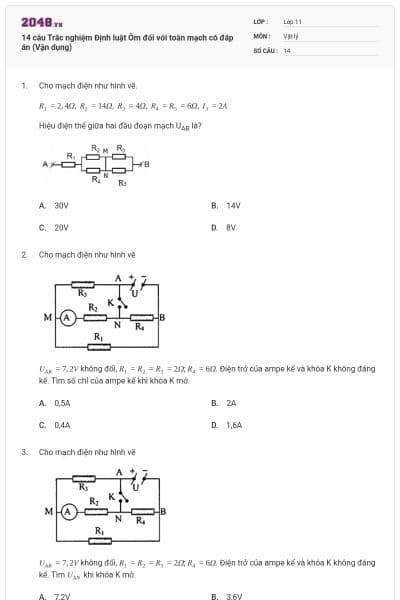 14 câu Trắc nghiệm Định luật Ôm đối với toàn mạch có đáp án (Vận dụng)