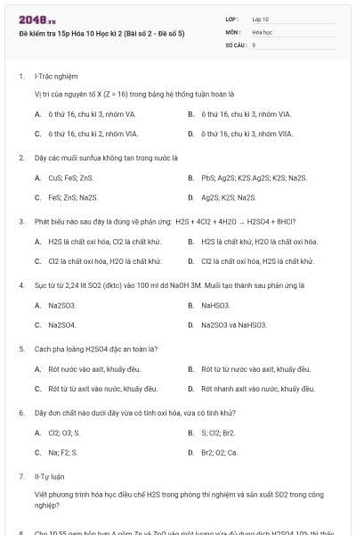 Đề kiểm tra 15p Hóa 10 Học kì 2 (Bài số 2 - Đề số 5)