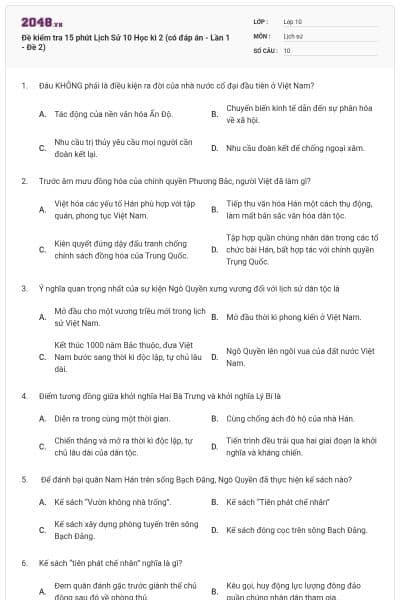 Đề kiểm tra 15 phút Lịch Sử 10 Học kì 2 (có đáp án - Lần 1 - Đề 2)