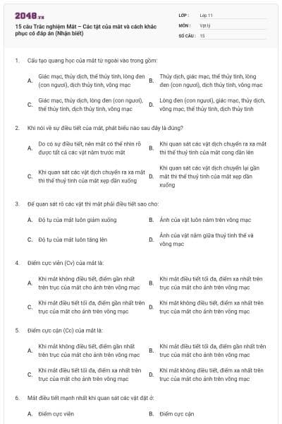 15 câu Trắc nghiệm Mắt – Các tật của mắt và cách khắc phục có đáp án (Nhận biết)