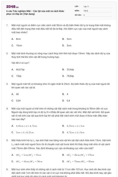 6 câu Trắc nghiệm Mắt – Các tật của mắt và cách khắc phục có đáp án (Vận dụng)