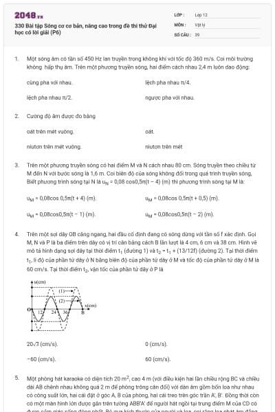 330 Bài tập Sóng cơ cơ bản, nâng cao trong đề thi thử Đại học có lời giải (P6)