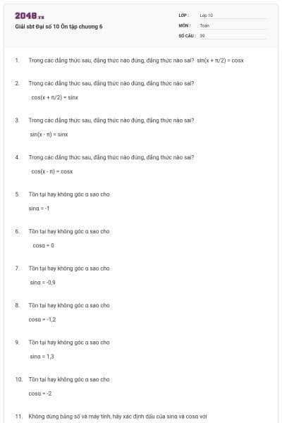 Giải sbt Đại số 10 Ôn tập chương 6