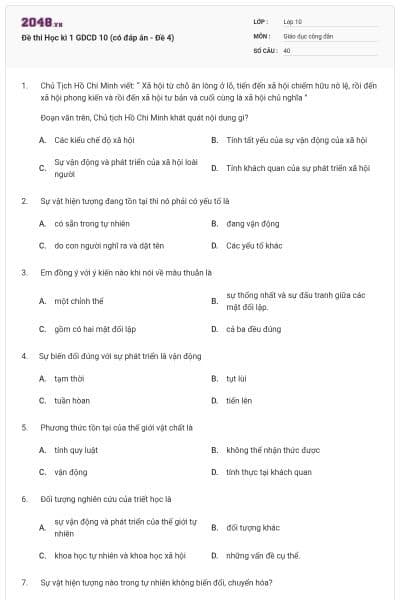 Đề thi Học kì 1 GDCD 10 (có đáp án - Đề 4)