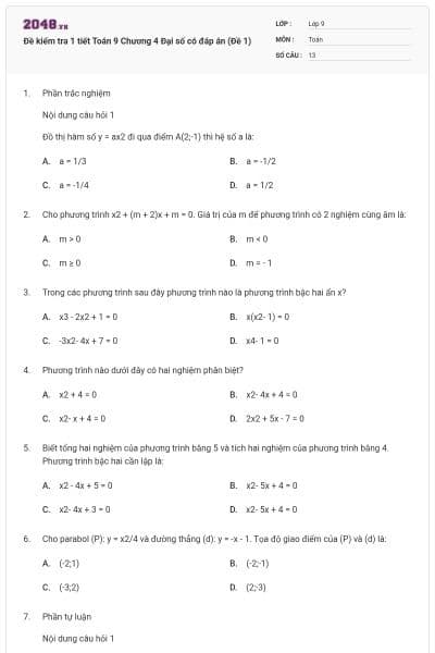 Đề kiểm tra 1 tiết Toán 9 Chương 4 Đại số có đáp án (Đề 1)