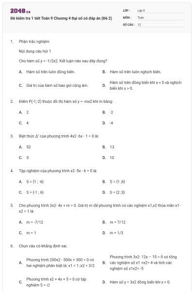 Đề kiểm tra 1 tiết Toán 9 Chương 4 Đại số có đáp án (Đề 2)