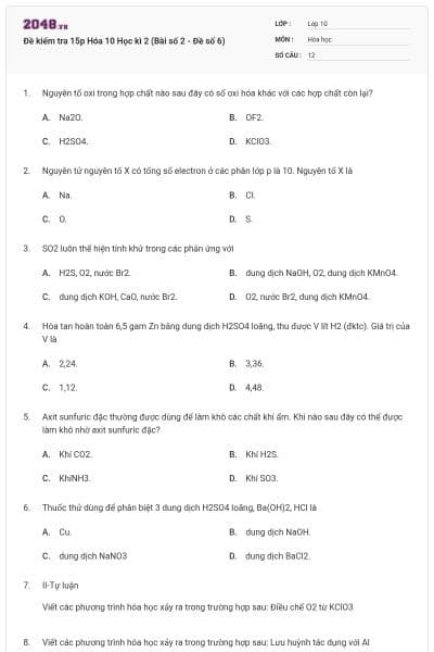 Đề kiểm tra 15p Hóa 10 Học kì 2 (Bài số 2 - Đề số 6)