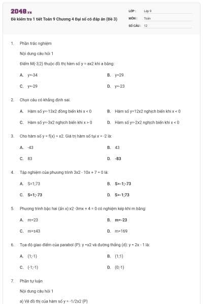 Đề kiểm tra 1 tiết Toán 9 Chương 4 Đại số có đáp án (Đề 3)