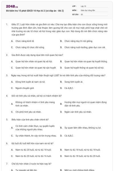 Đề kiểm tra 15 phút GDCD 10 Học kì 2 (có đáp án - Đề 2)