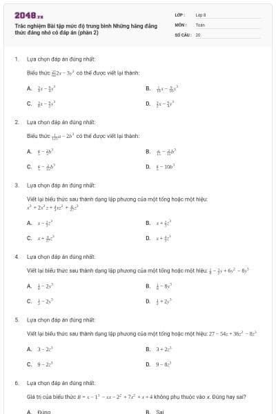 Trắc nghiệm Bài tập mức độ trung bình Những hằng đẳng thức đáng nhớ có đáp án (phần 2)