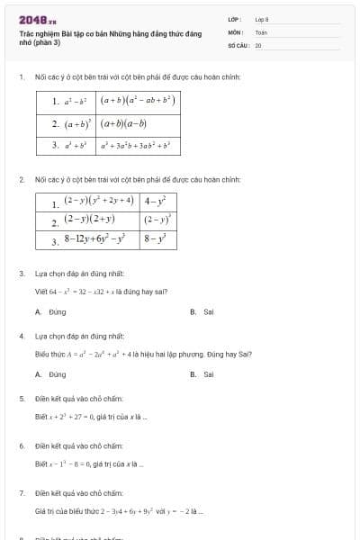 Trắc nghiệm Bài tập cơ bản Những hằng đẳng thức đáng nhớ (phần 3)