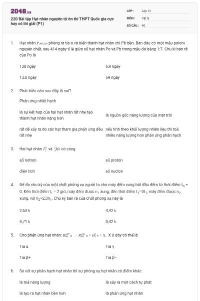 220 Bài tập Hạt nhân nguyên tử ôn thi THPT Quốc gia cực hay có lời giải (P1)