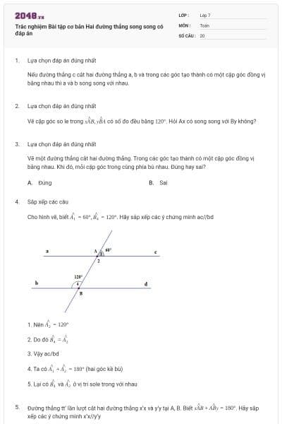 Trắc nghiệm Bài tập cơ bản Hai đường thẳng song song có đáp án