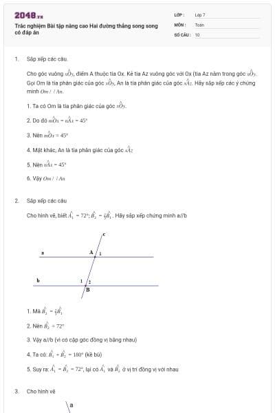 Trắc nghiệm Bài tập nâng cao Hai đường thẳng song song có đáp án