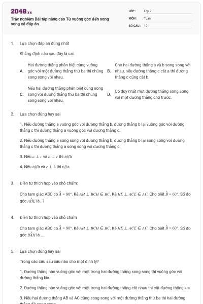 Trắc nghiệm Bài tập nâng cao Từ vuông góc đến song song có đáp án