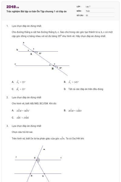 Trắc nghiệm Bài tập cơ bản Ôn Tập chương 1 có đáp án