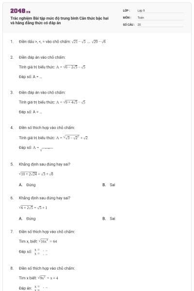 Trắc nghiệm Bài tập mức độ trung bình Căn thức bậc hai và hằng đẳng thức có đáp án