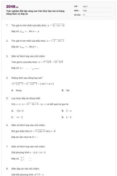 Trắc nghiệm Bài tập nâng cao Căn thức bậc hai và hằng đẳng thức có đáp án